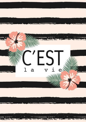 Hibiscus blossoms and palm leaves decoration. CestLa Vie